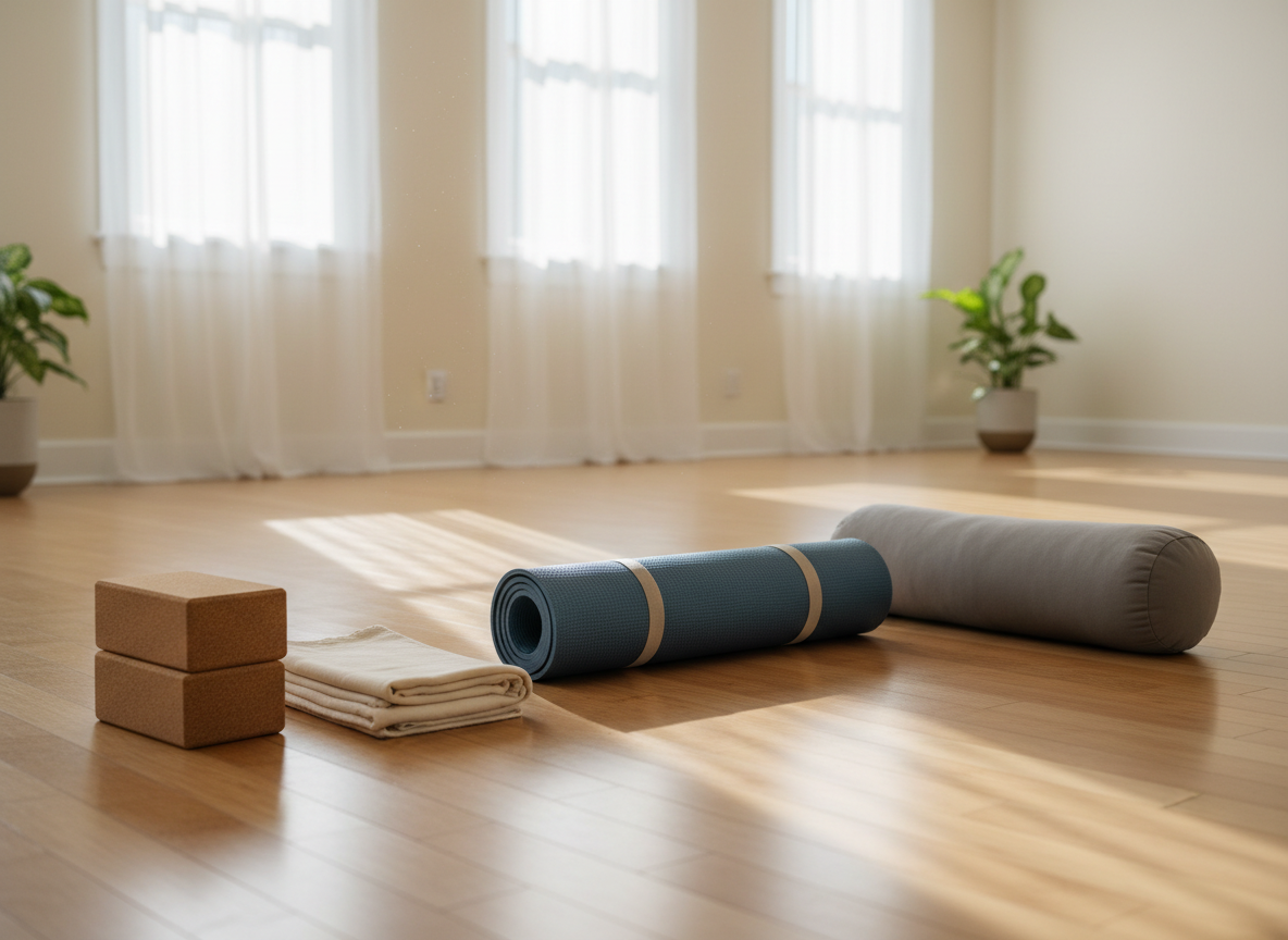 A neatly rolled slate-blue yoga mat made of subtly textured natural rubber lies on a warm bamboo floor in a spacious, uncluttered studio. Around it are neatly arranged cork blocks, a folded organic cotton blanket, and a firm cylindrical bolster in soft gray, suggesting accessible Hatha Yoga practice. Soft morning sunlight filters through sheer white curtains covering tall windows, casting gentle, elongated shadows and a calm, diffused glow. The mood is serene, grounded, and professional. Photographed at eye level with a slight diagonal composition, sharp focus on the mat and props, and a lightly blurred background to emphasize the readiness of the space. The style is clean photographic realism with neutral, soothing colors that convey reliability and peaceful discipline.