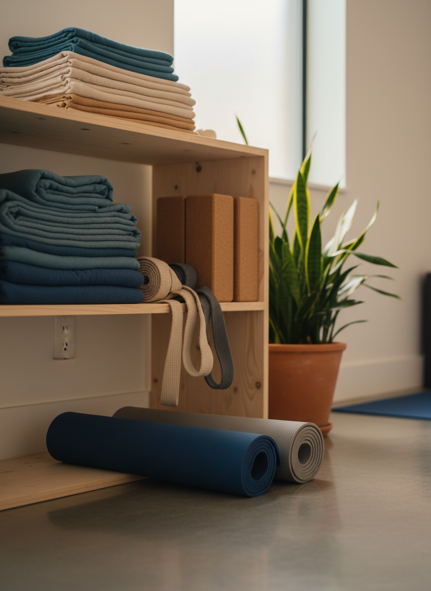 A tranquil Hatha Yoga studio corner features a neatly folded collection of dense cotton blankets in muted blues and creams, tall cork blocks with softly rounded edges, and thick woven straps coiled in tidy spirals on an open wooden shelf. Below, two rolled mats in different thicknesses rest side by side, hinting at options for varied bodies and joint support. A leafy indoor plant in a simple clay pot softens the scene. Warm, indirect light from a high side window bathes the setup, creating soft shadows and delicate highlights on the natural materials. The atmosphere is nurturing and professional, emphasizing thoughtful preparation and safety. Captured in photographic realism at eye level with shallow depth of field, the foreground props are crisply detailed against a gently blurred studio background.