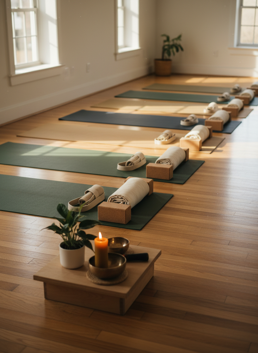 A row of yoga mats in muted earth tones—moss green, sand, and deep charcoal—are evenly spaced across a polished wooden studio floor, each paired with supportive props: cork blocks, thick straps, and folded cotton blankets. At the front, a simple altar-like arrangement of a lit beeswax candle, a small leafy plant, and a brass singing bowl creates a focal point of quiet intention. Gentle afternoon light streams from high side windows, forming soft highlight bands across the floor. The atmosphere is inviting and inclusive, suggesting a Hatha Yoga class ready to welcome all bodies and abilities. Captured from a slightly elevated angle using photographic realism, with strong depth of field to keep every mat and prop in clear, professional focus.