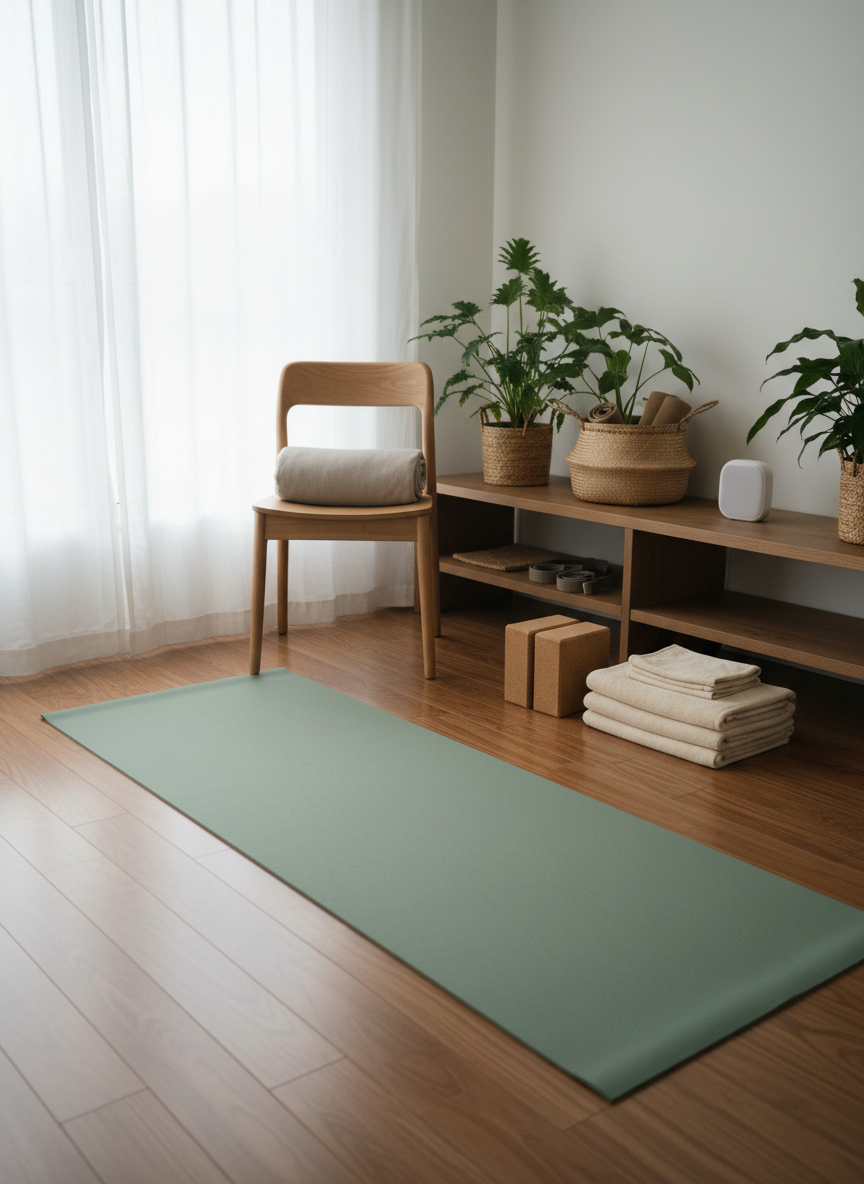 A single open yoga mat in a soft sage color is laid out diagonally in a cozy home practice corner, flanked by a sturdy wooden chair on one side and a stack of cork blocks and folded towels on the other, suggesting modifications for different abilities. Behind the mat, a low shelf holds neatly arranged plants, a woven basket of additional props, and a small speaker. Diffused overcast daylight enters through a nearby window with sheer curtains, creating gentle, even lighting with minimal shadow. The mood is calm, approachable, and reassuring, ideal for a private Hatha Yoga session at home. Photographed from a slightly elevated corner angle in realistic, natural colors, the composition uses the rule of thirds to balance the mat, chair, and shelf in a clean, modern aesthetic.
